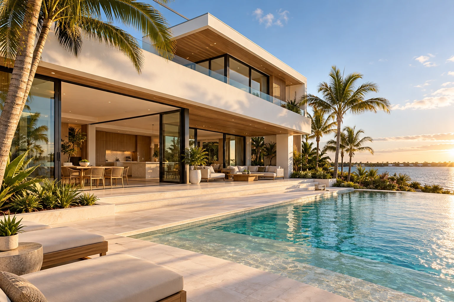 Conceptual contemporary Florida home with palms, warm wood and a pool